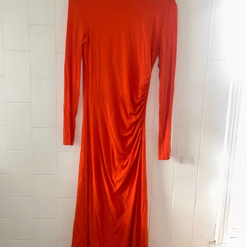 Ninety percent Long-Sleeve Orange Ruched Midi Dress